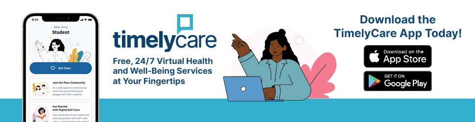 A header image promoting TimelyCare with guidance to download it on the Apple App Store or via the TimelyCare website.